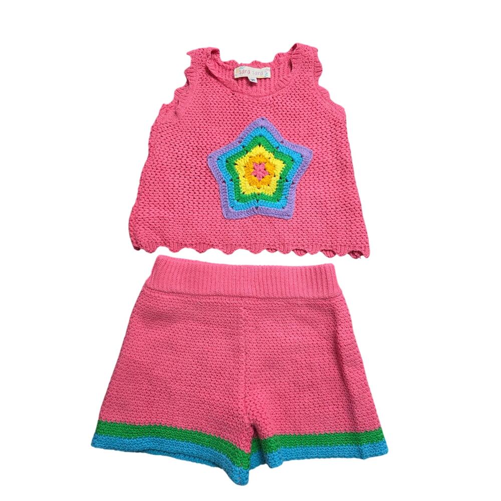 Sara Sara 2T Pink Crochet Knit 2 Pc Set w/ Tank Top and Shorts